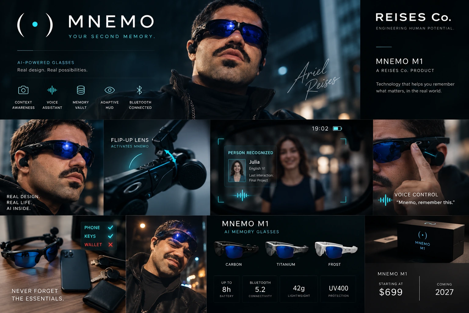 MNEMO M1 campaign featuring Ariel with black glasses and blue lenses, simulated memory interfaces and proposed frame colors.